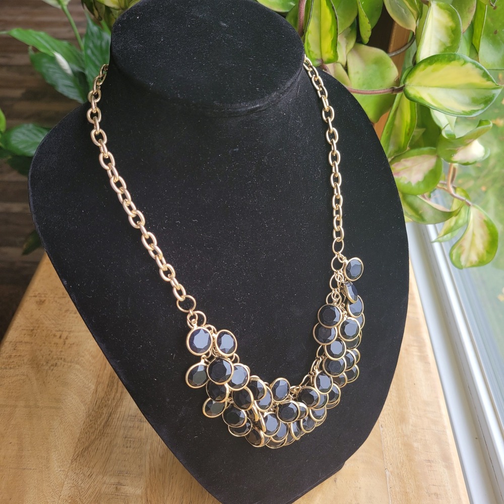 Gold Tone Chain Bib Necklace with Black‎ Faceted Round Charms Statement Jewelry